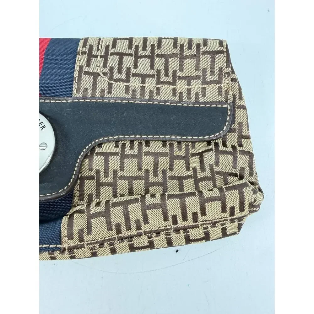 Tommy Hilfiger Monogram Wristlet Clutch Wallet Brown Canvas Red Blue Stripe